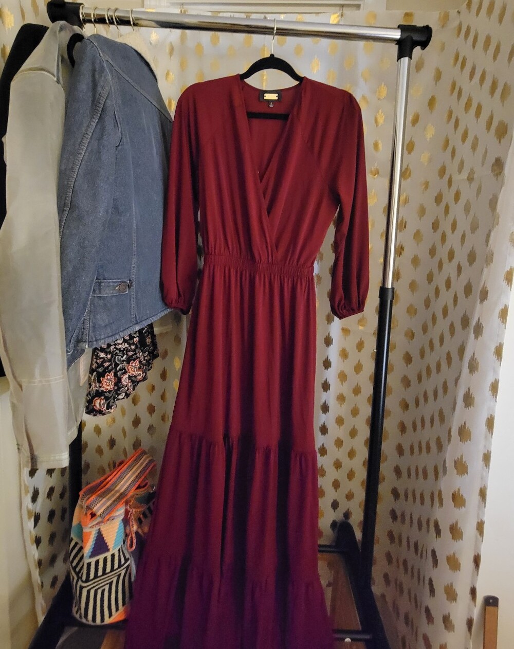 Women's Long Tiered Stretchy Maxi Dress in Burgundy Thanksgiving Dress